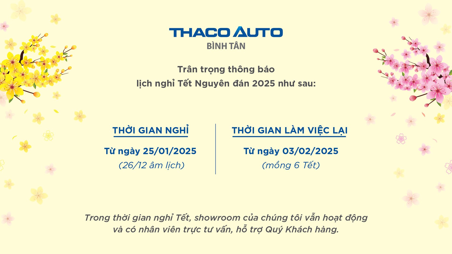 THÔNG BÁO LỊCH NGHỈ TẾT NGUYÊN ĐÁN ẤT TỴ 2025